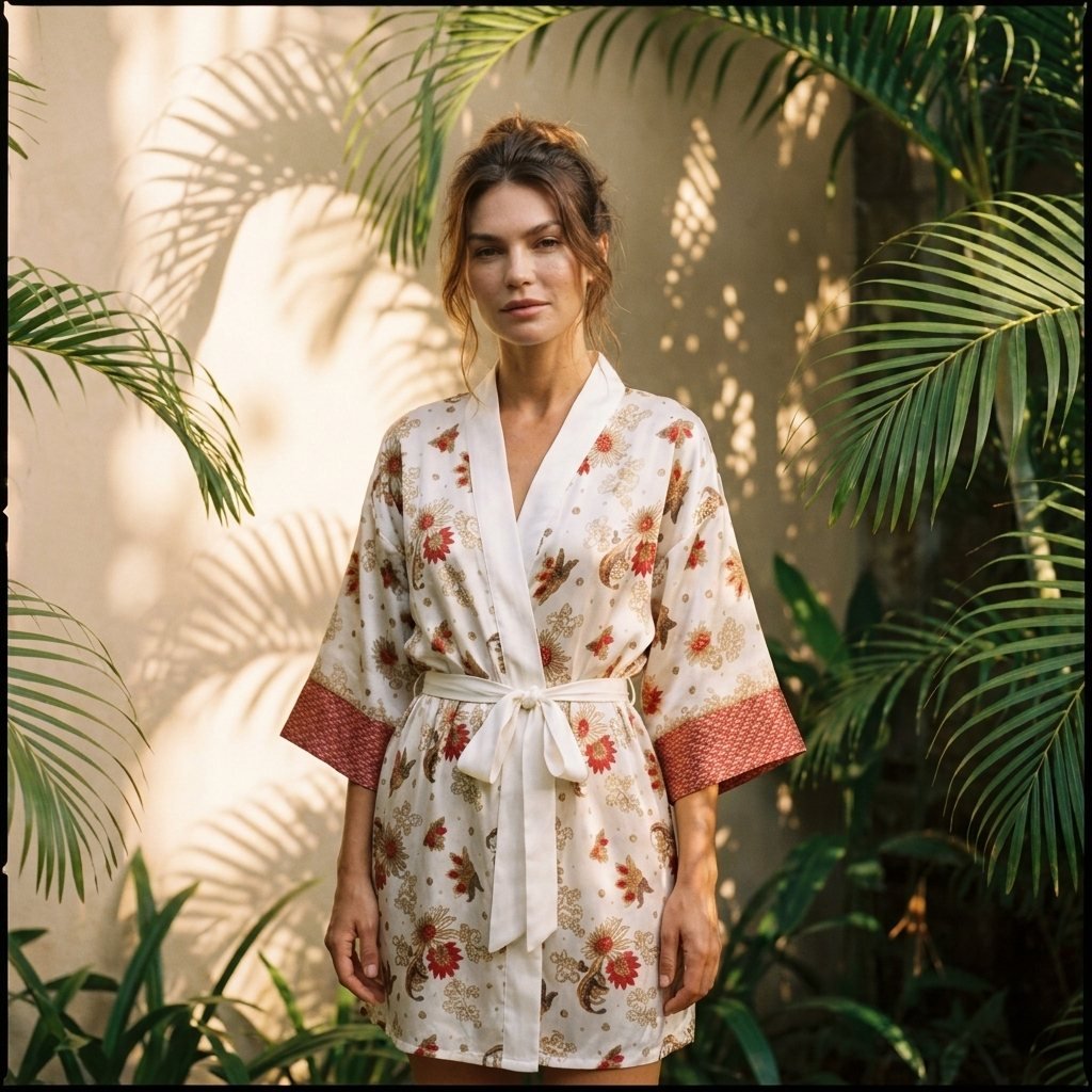 Nusa – Blanc fleuri : Kimono mi-long en soie - Amboria