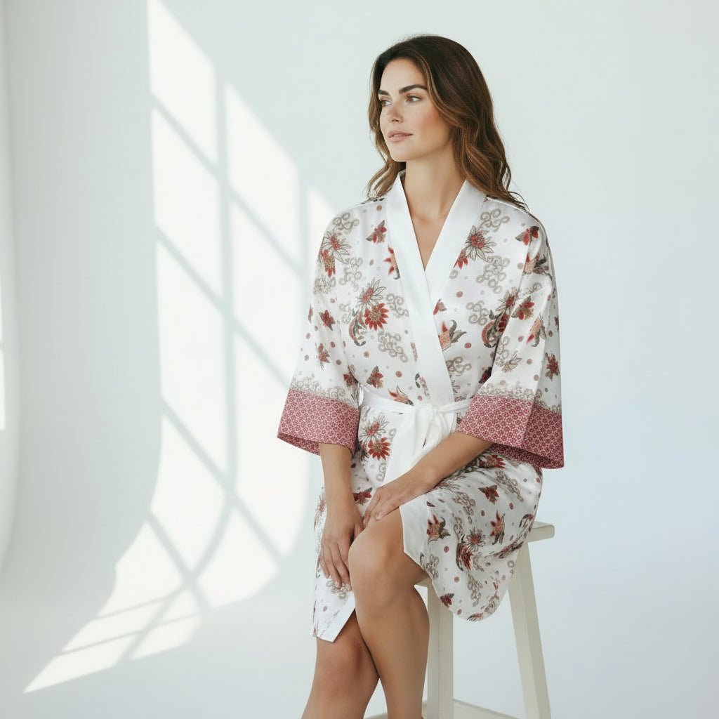 Nusa – Blanc fleuri : Kimono mi - long en soie - Amboria