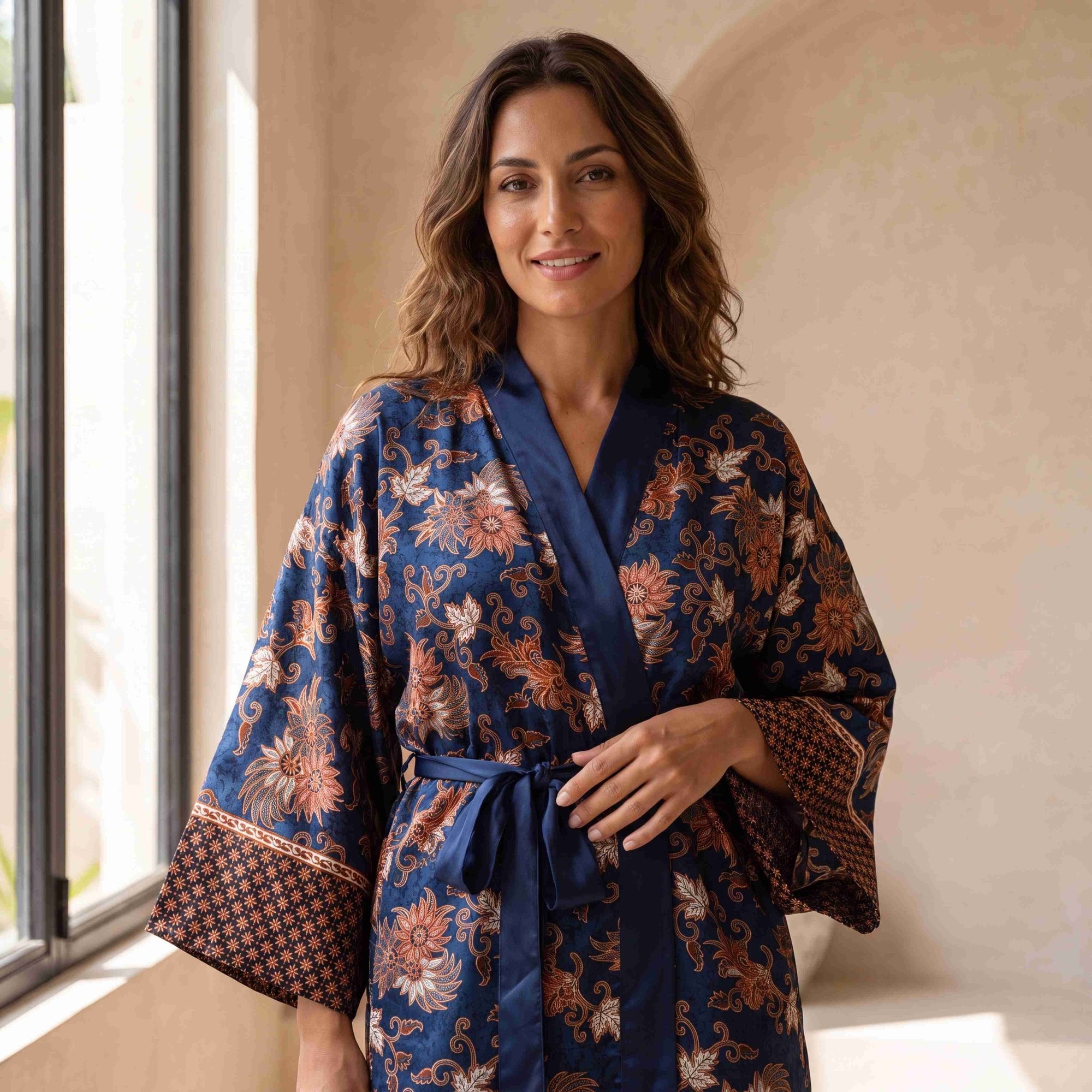 Sanur – Bleu fleuri : Kimono long en soie - Amboria
