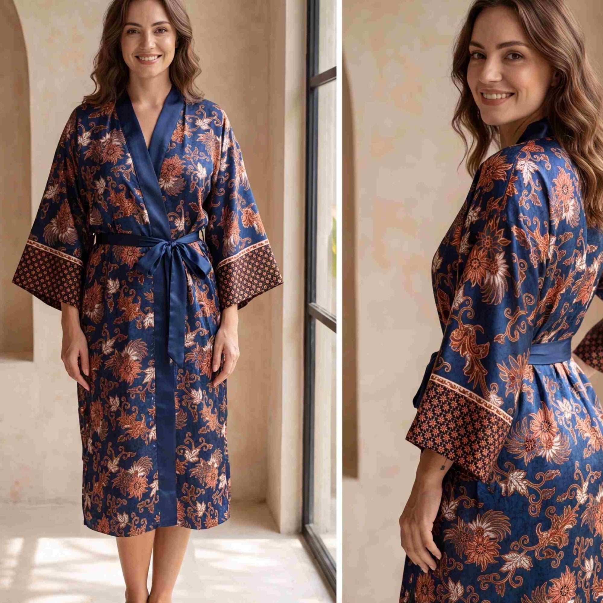 Sanur – Bleu fleuri : Kimono long en soie - Amboria