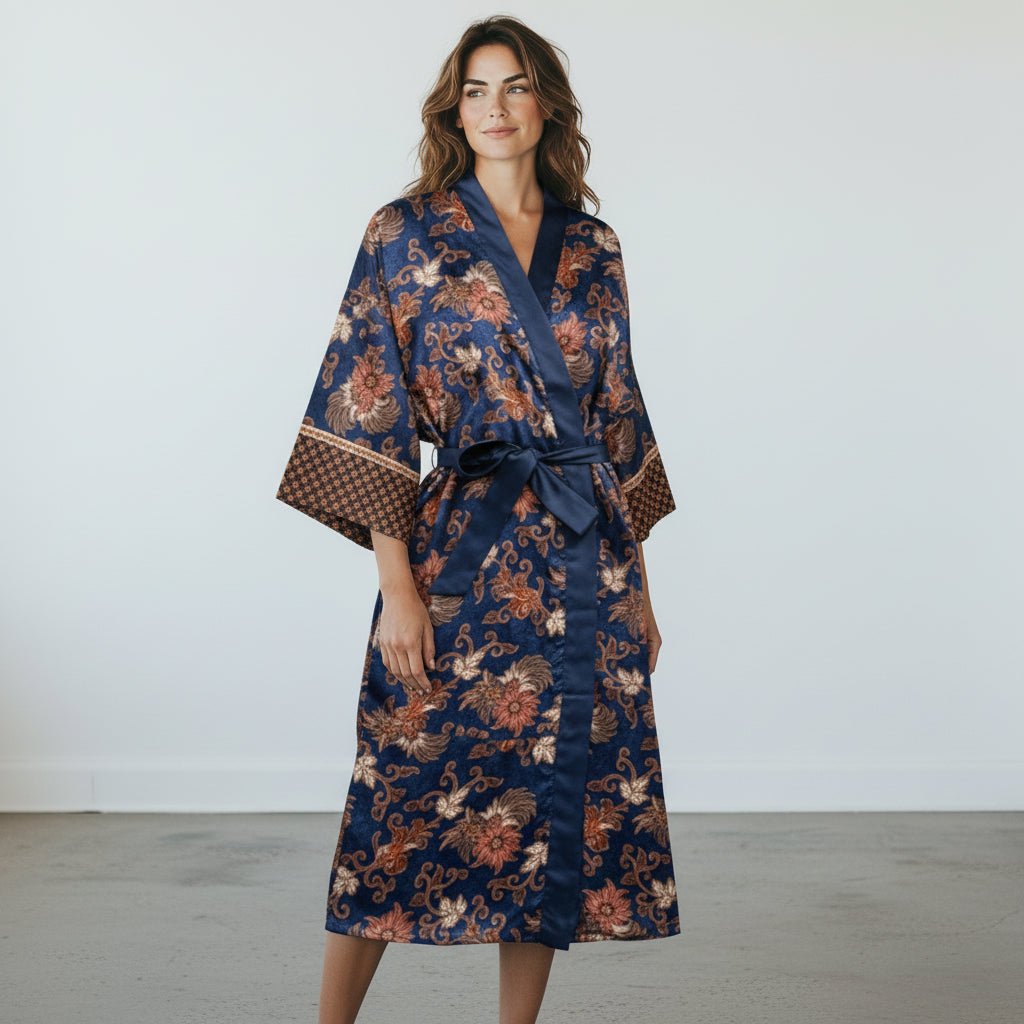 Sanur – Bleu fleuri : Kimono long en soie - Amboria