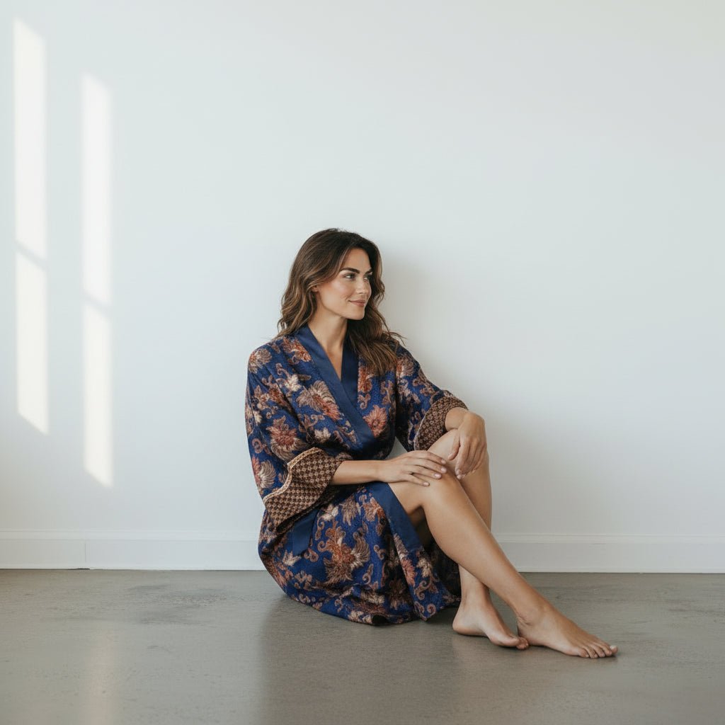 Sanur – Bleu fleuri : Kimono mi - long en soie - Amboria