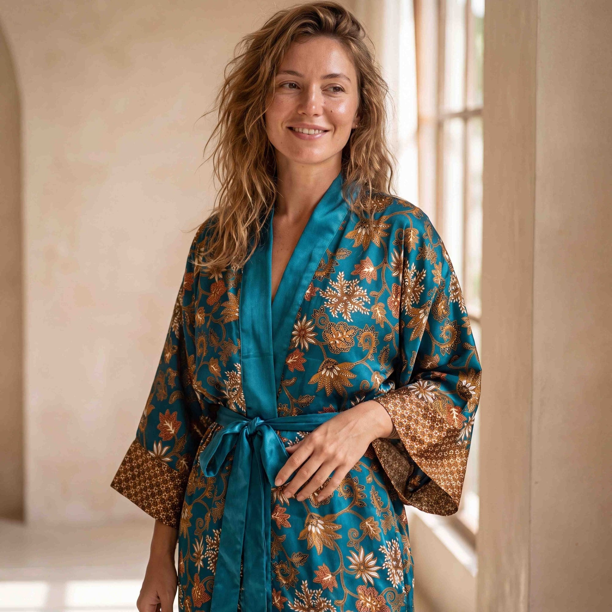 Ubud – Vert fleuri : Kimono long en soie - Amboria