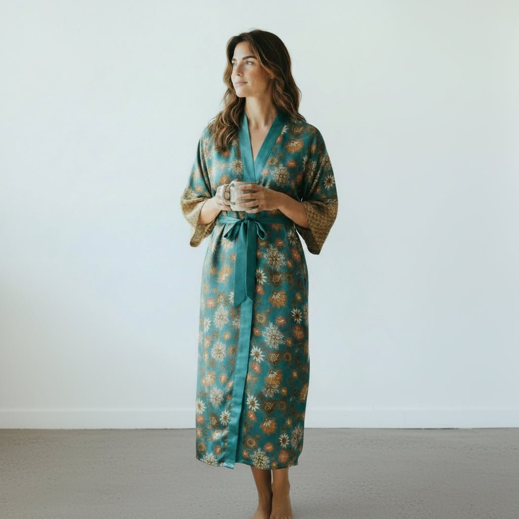 Ubud – Vert fleuri : Kimono long en soie - Amboria