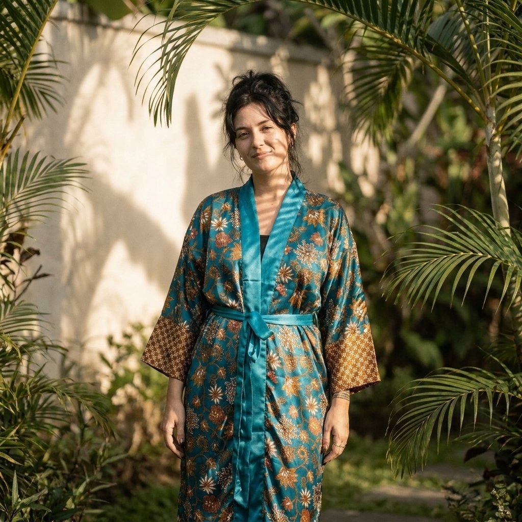 Ubud – Vert fleuri : Kimono long en soie - Amboria