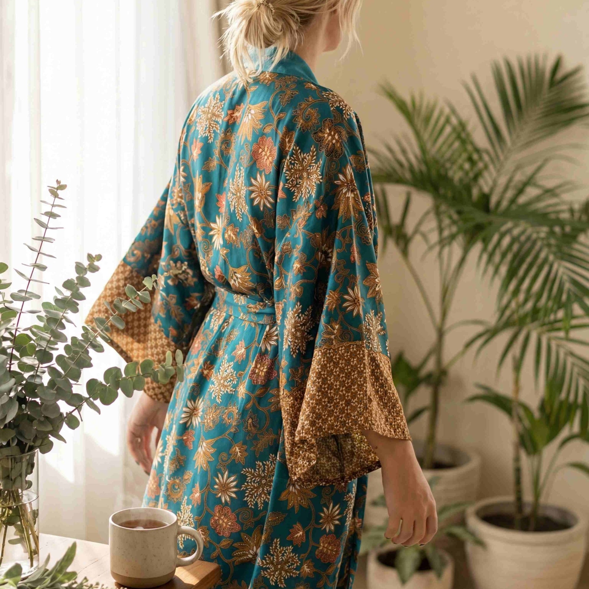 Ubud – Vert fleuri : Kimono long en soie - Amboria