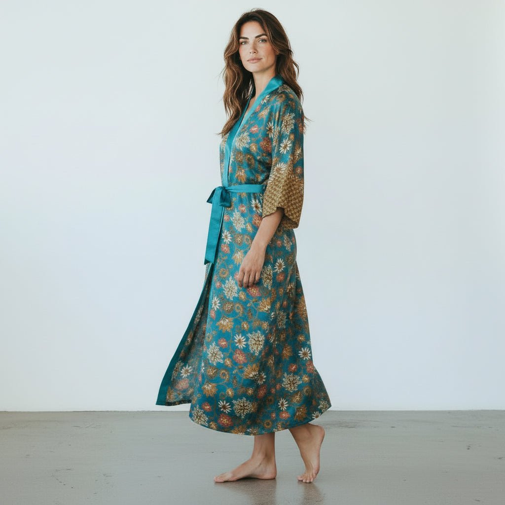Ubud – Vert fleuri : Kimono long en soie - Amboria