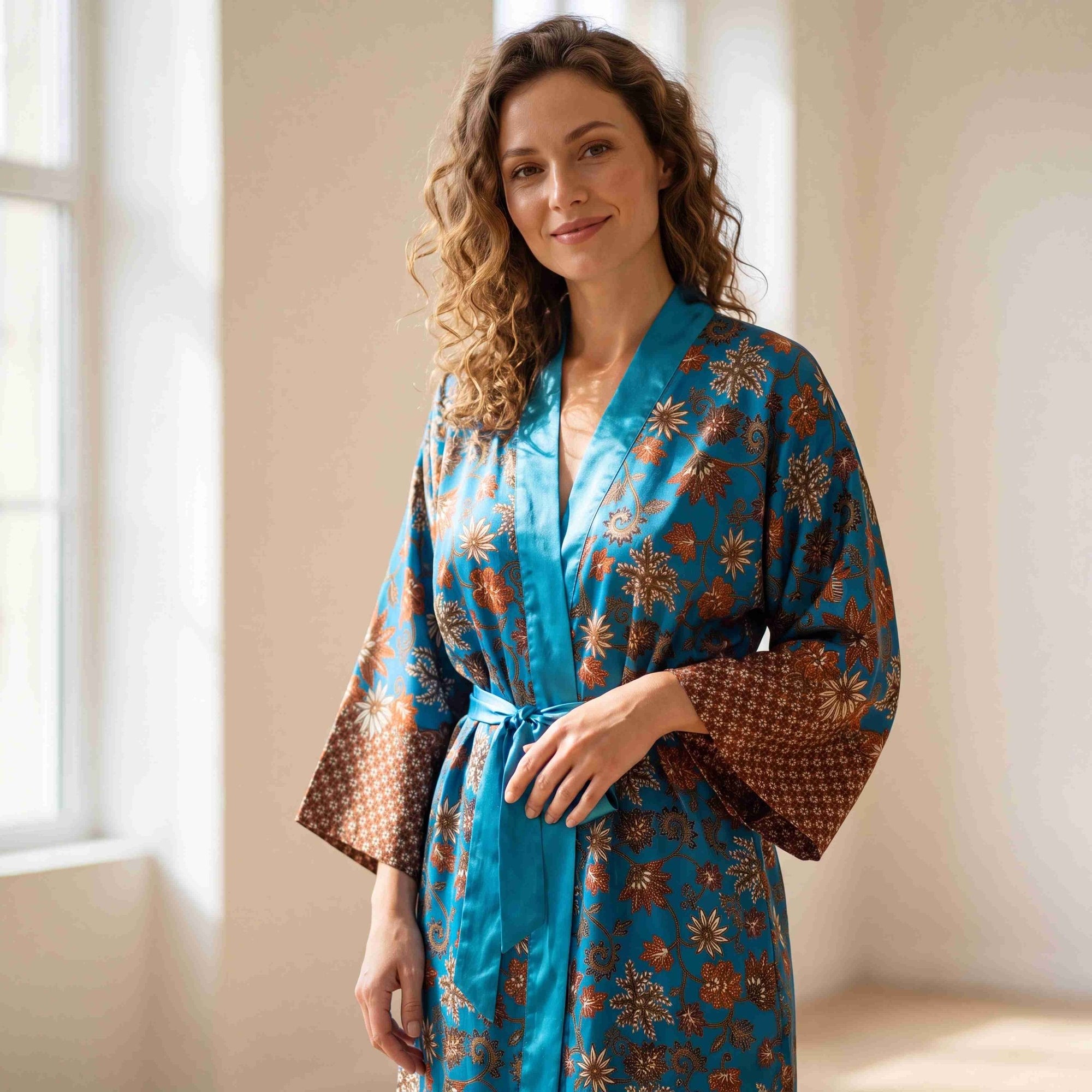 Uluwatu – Turquoise fleuri : Kimono long en soie - Amboria