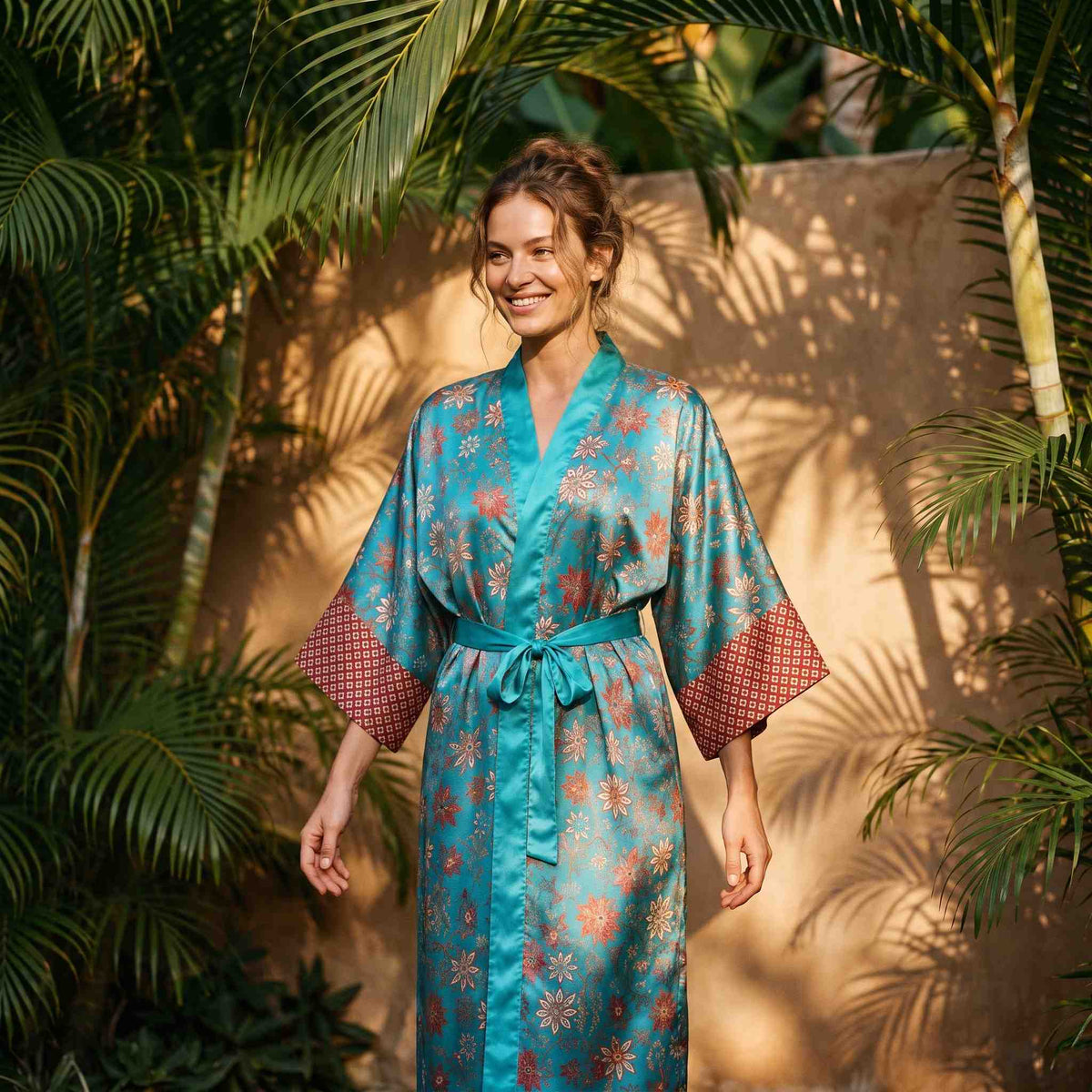 Uluwatu – Turquoise fleuri : Kimono long en soie - Amboria