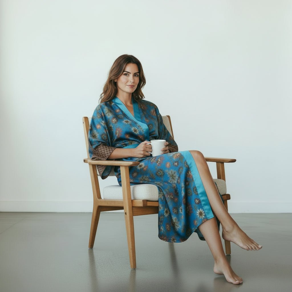 Uluwatu – Turquoise fleuri : Kimono long en soie - Amboria