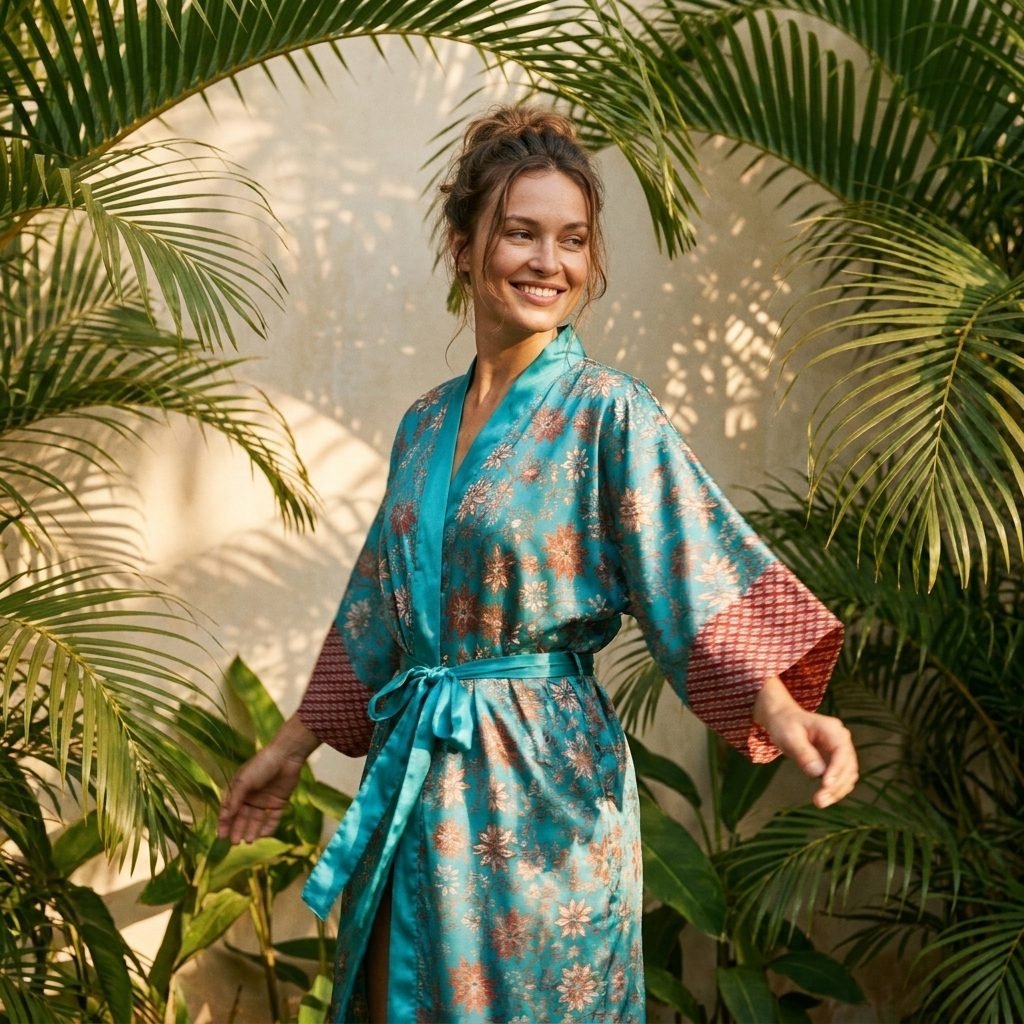 Uluwatu – Turquoise fleuri : Kimono long en soie - Amboria