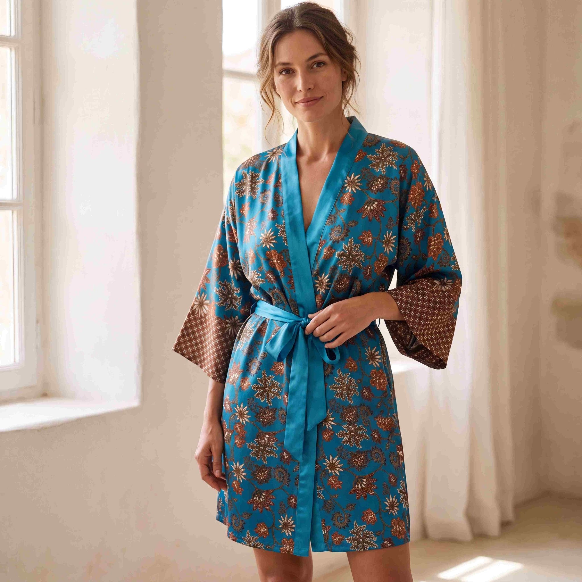 Uluwatu – Turquoise fleuri : Kimono mi-long en soie - Amboria