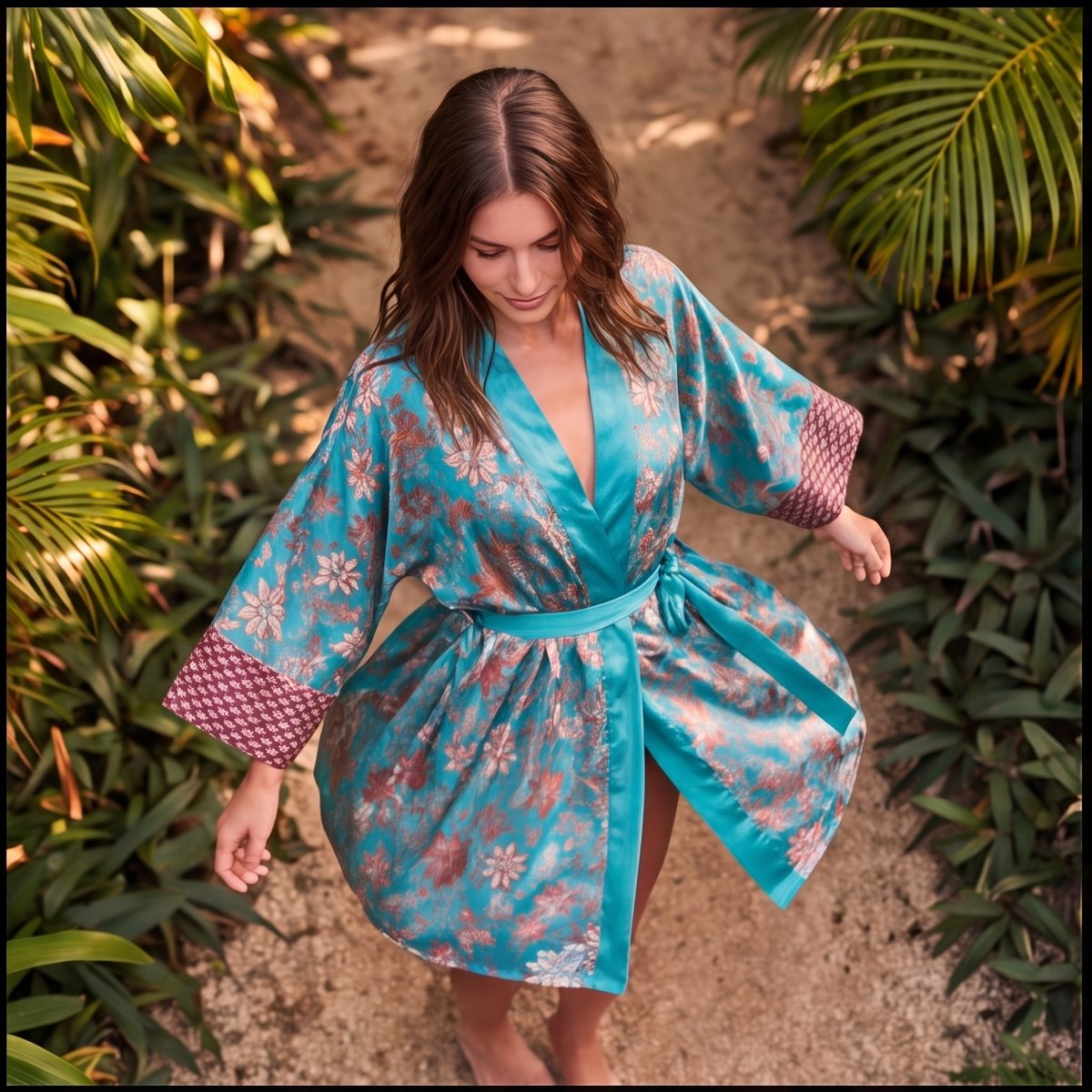 Uluwatu – Turquoise fleuri : Kimono mi-long en soie - Amboria