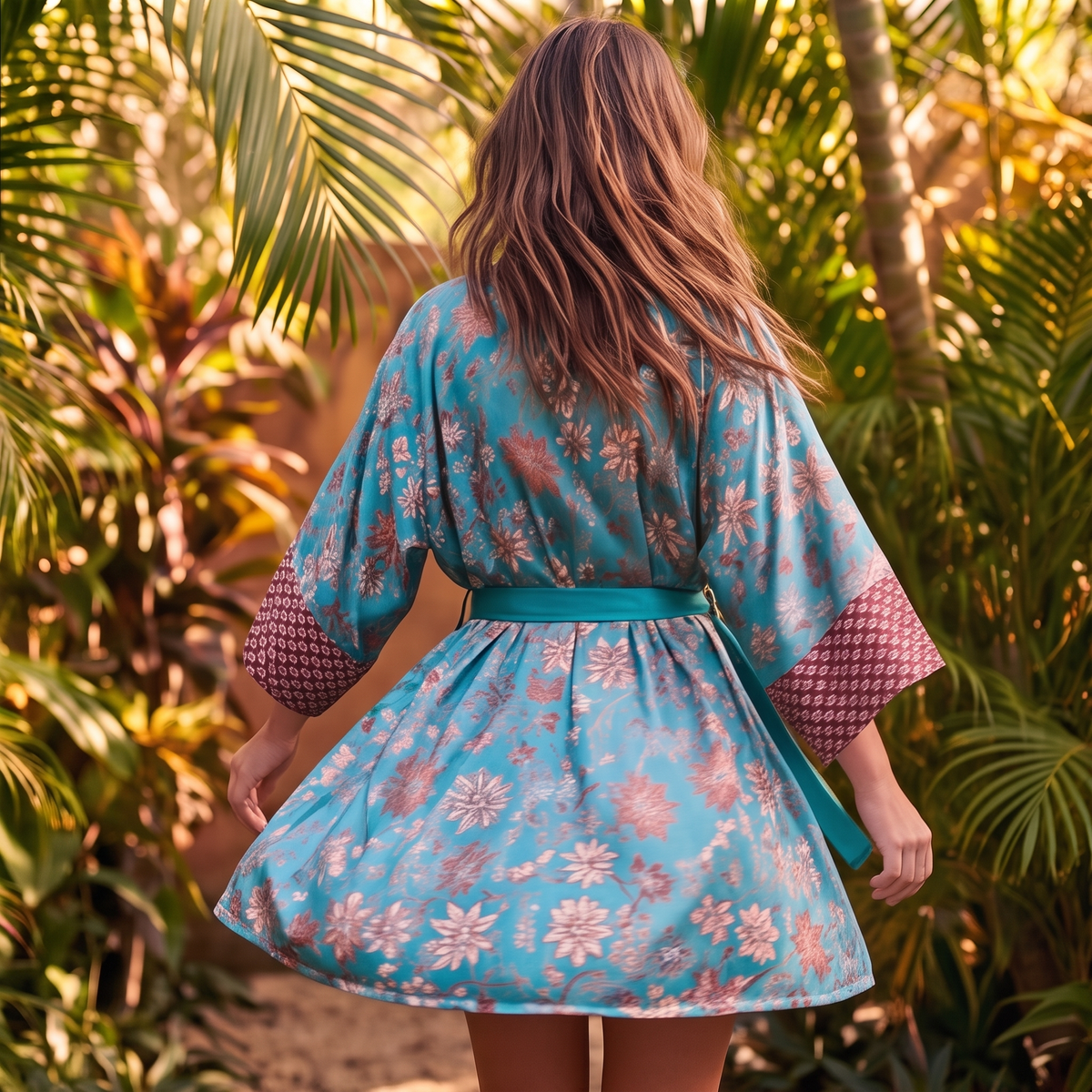 Uluwatu – Turquoise fleuri : Kimono mi-long en soie - Amboria