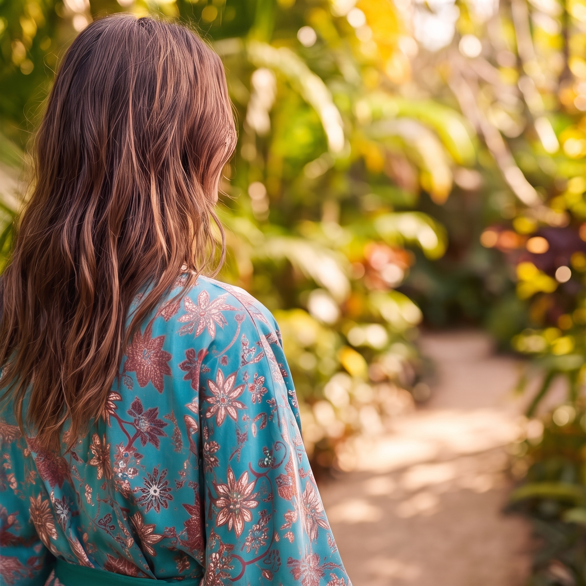 Uluwatu – Turquoise fleuri : Kimono mi-long en soie - Amboria